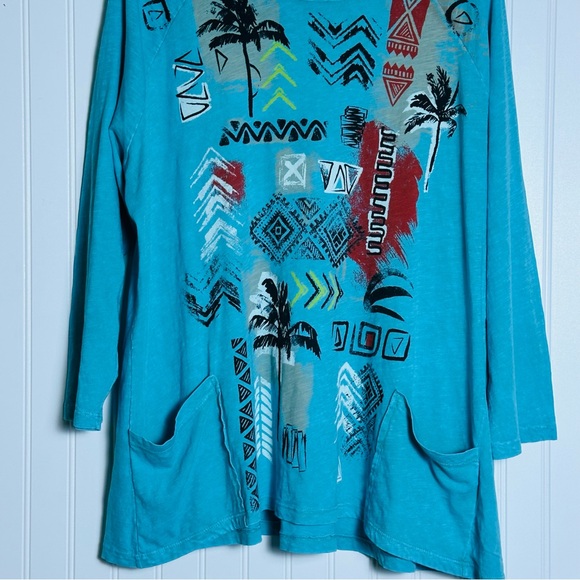 Jess & Jane Women's Blue Graphic Top Tunic Side Pockets Size XL Relax Fit Casual - Picture 5 of 9